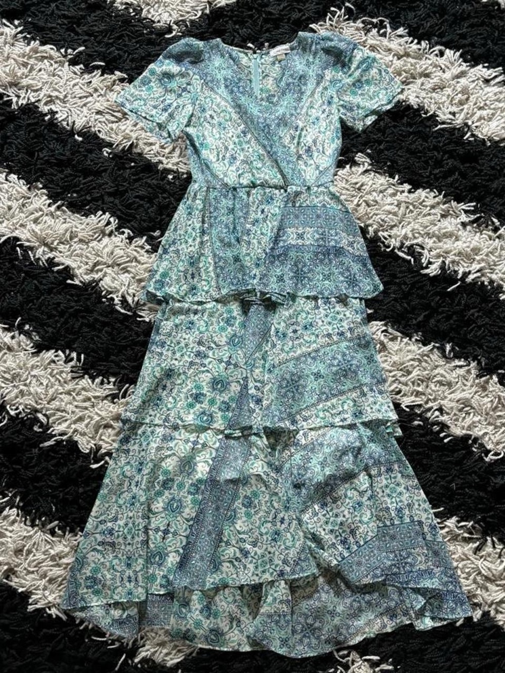 Calvin Klein Fairycore Multicolor Blue White Paisley Ruffled Tiered Maxi Dress 4